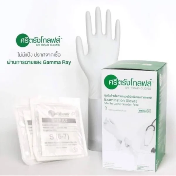ถุงมือยางปลอดเชื้อ ศรีตรัง ไม่มีแป้ง สีเขียว กล่องใหญ่ สำหรับงานแพทย์และห้องผ่าตัด
